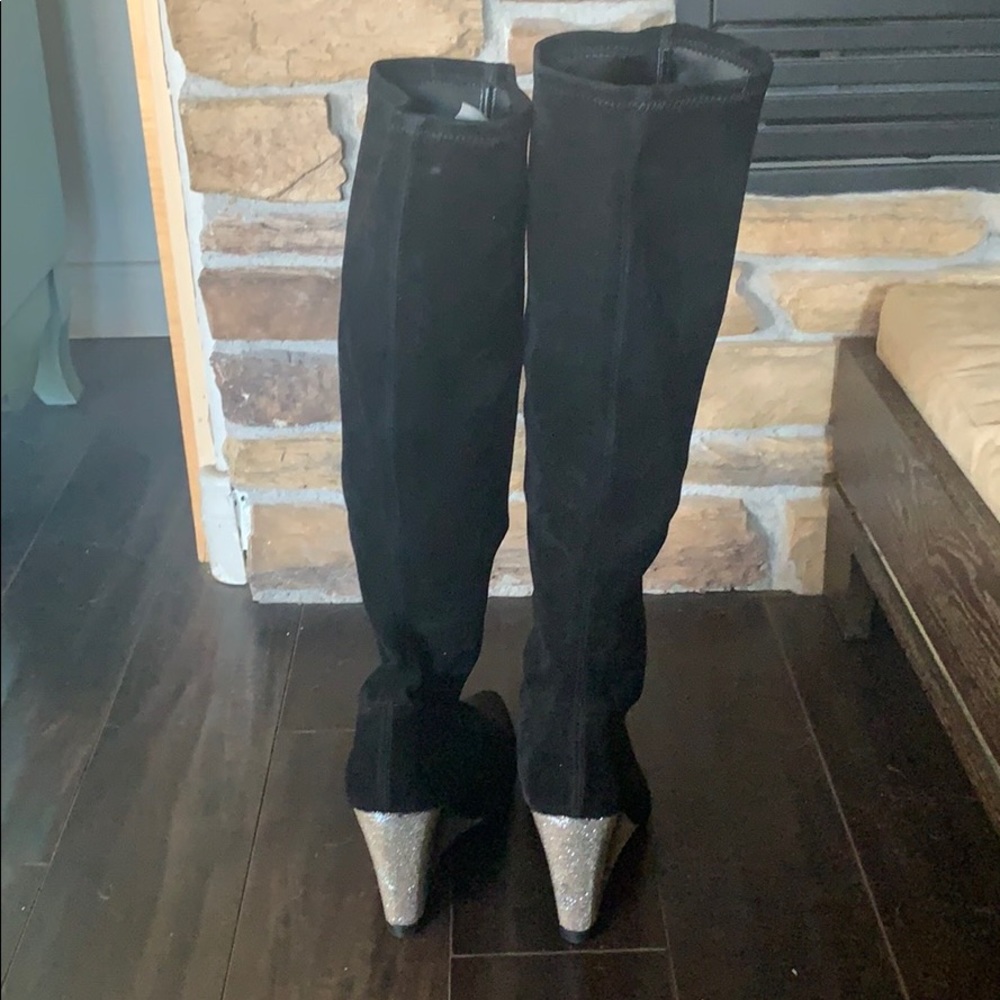 Black suede  glitter wedge boot